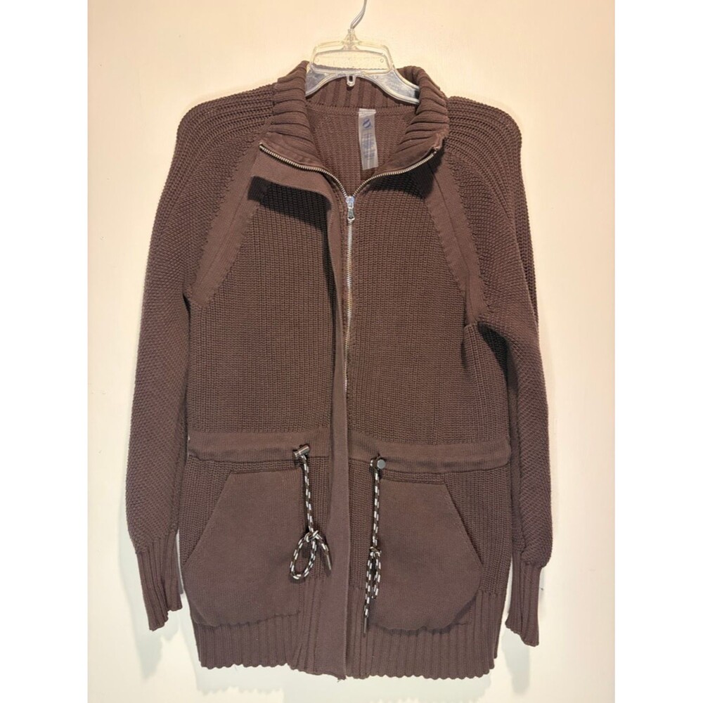 Lou & Grey Chunky 100% Cotton Full Zip Pockets Ribbed Brown Cardigan Jacket SZ M